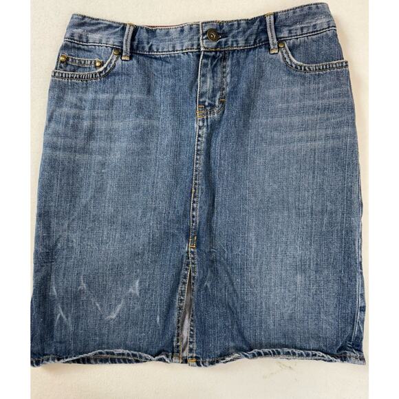 Tommy Hilfiger Denim Skirt Womens‎ 2 Blue Front Slit Mini Y2K 90s fading spots - Picture 1 of 13